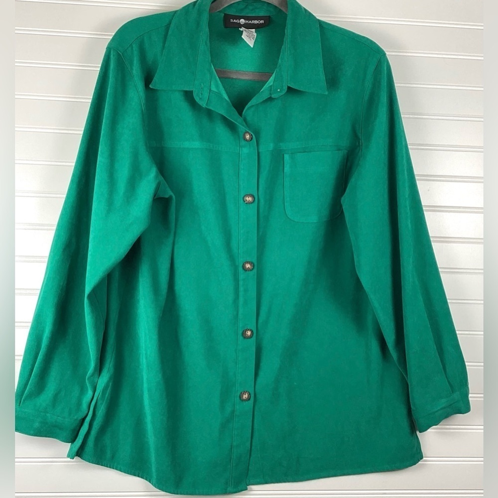 Sag Harbor Women's Button Down Shirt Size 14 Green Pocket Long Sleeve